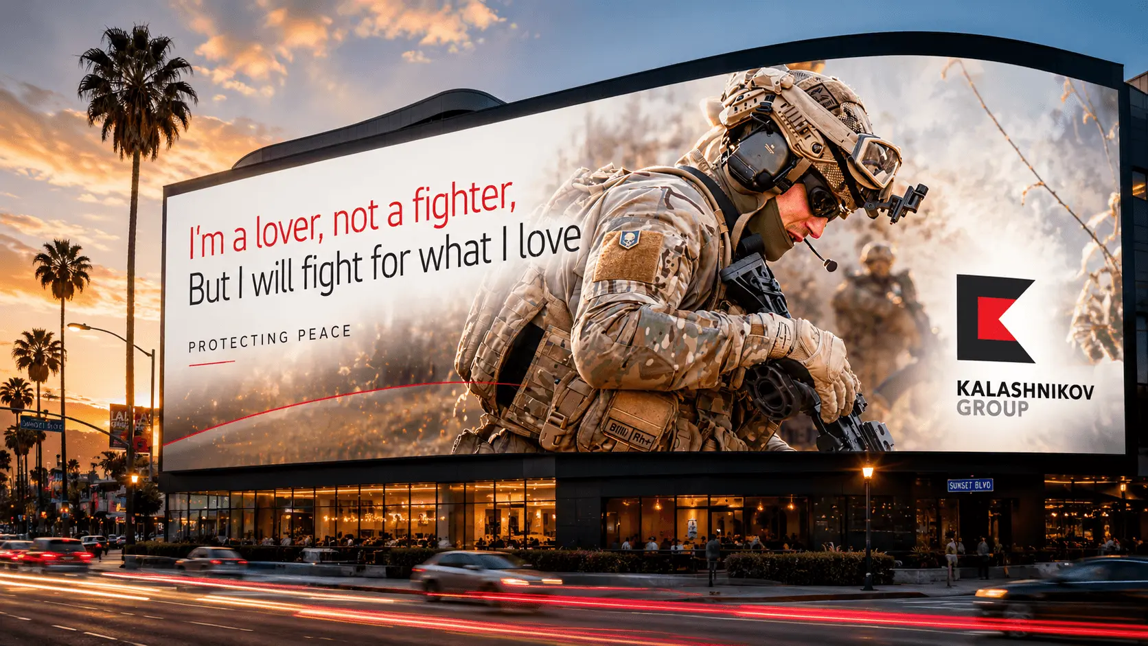 Kalashnikov Group brand identity – billboard_LA-Sunset Boulevard hero image